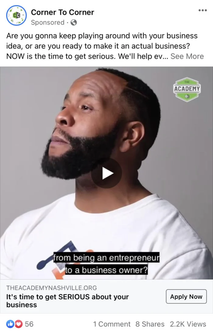 A Facebook video ad featuring a graduate of The Academy