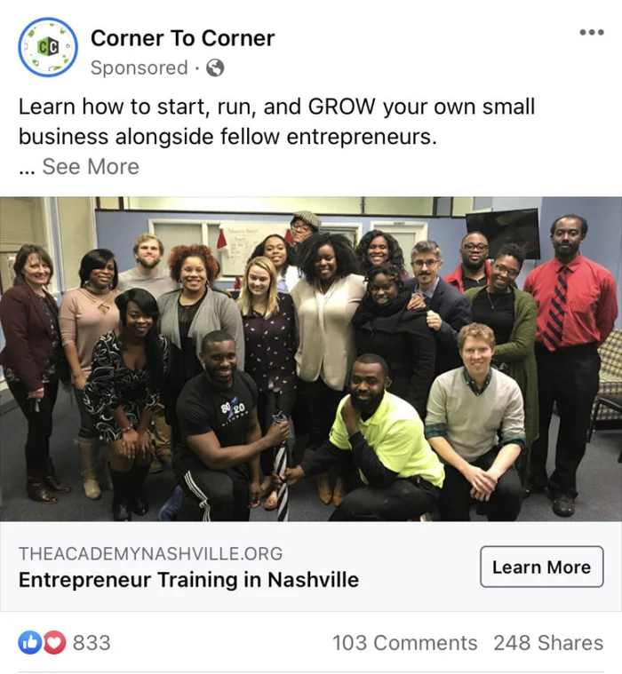 A Facebook ad showing an actual class of The Academy participants