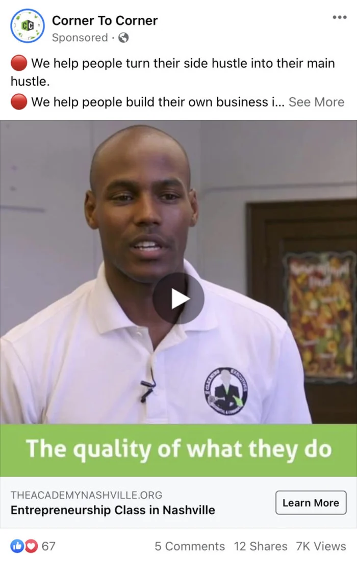 A Facebook video ad featuring a program participant talking about the training