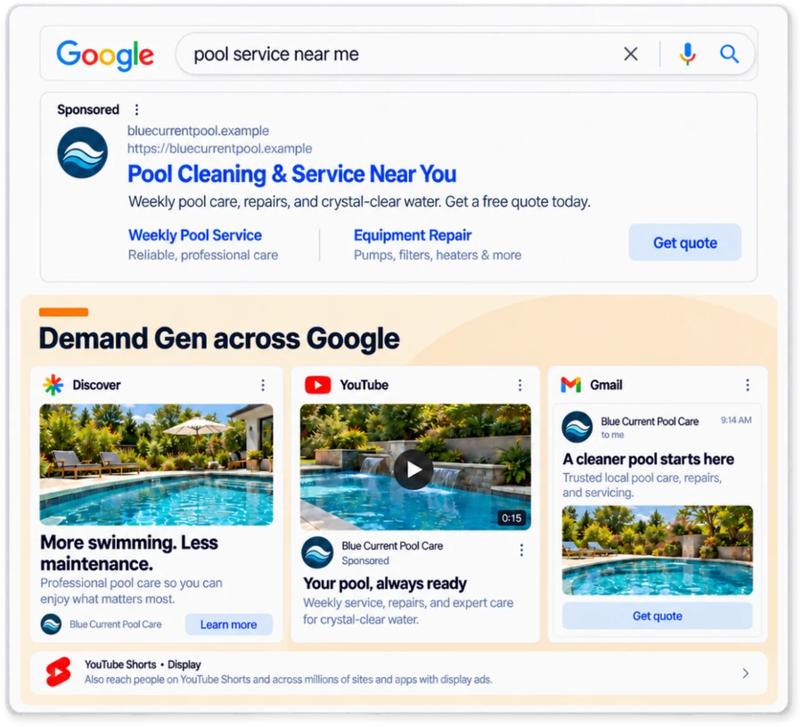 A Google search result for a local pool service, with the same brand running Demand Gen placements across Discover, YouTube and Gmail