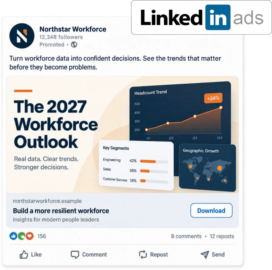A promoted LinkedIn post from an example company, offering a workforce trends report