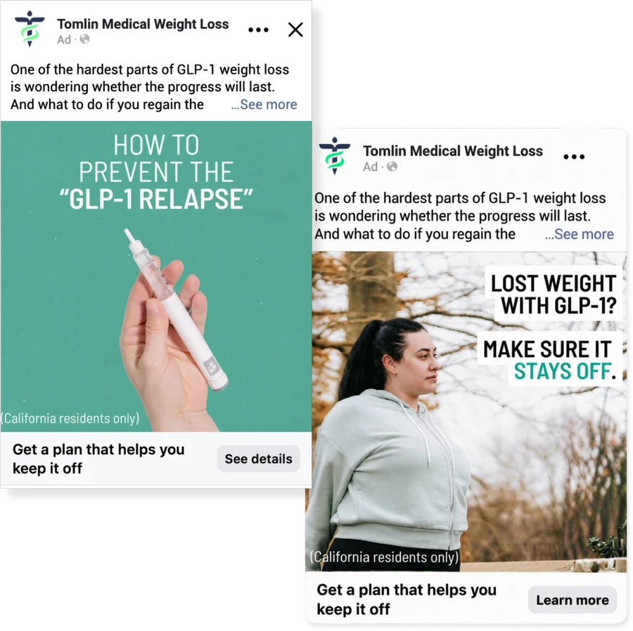 Two versions of the same Facebook ad, one square and one vertical, shown in the feed
