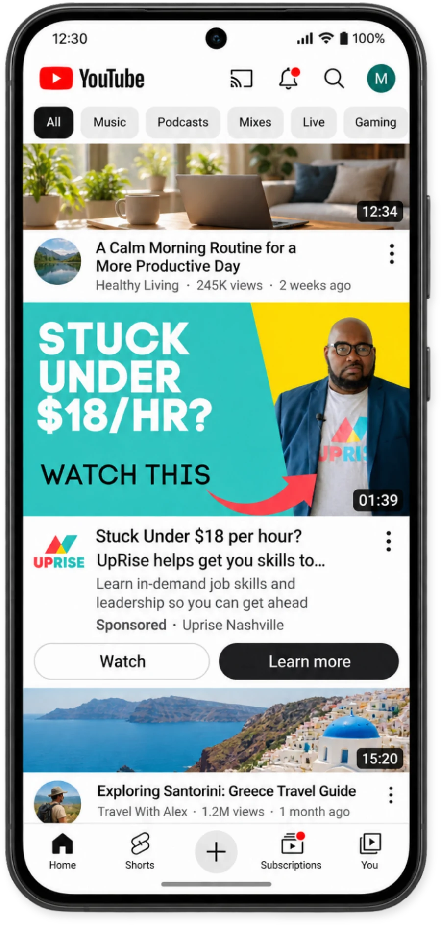 A skippable YouTube ad playing in the mobile feed, with its sponsored listing underneath